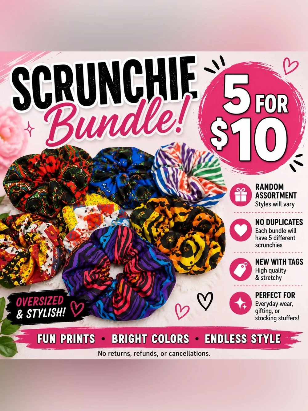 5 Scrunchies for $10 Random Assortment • No Duplicates